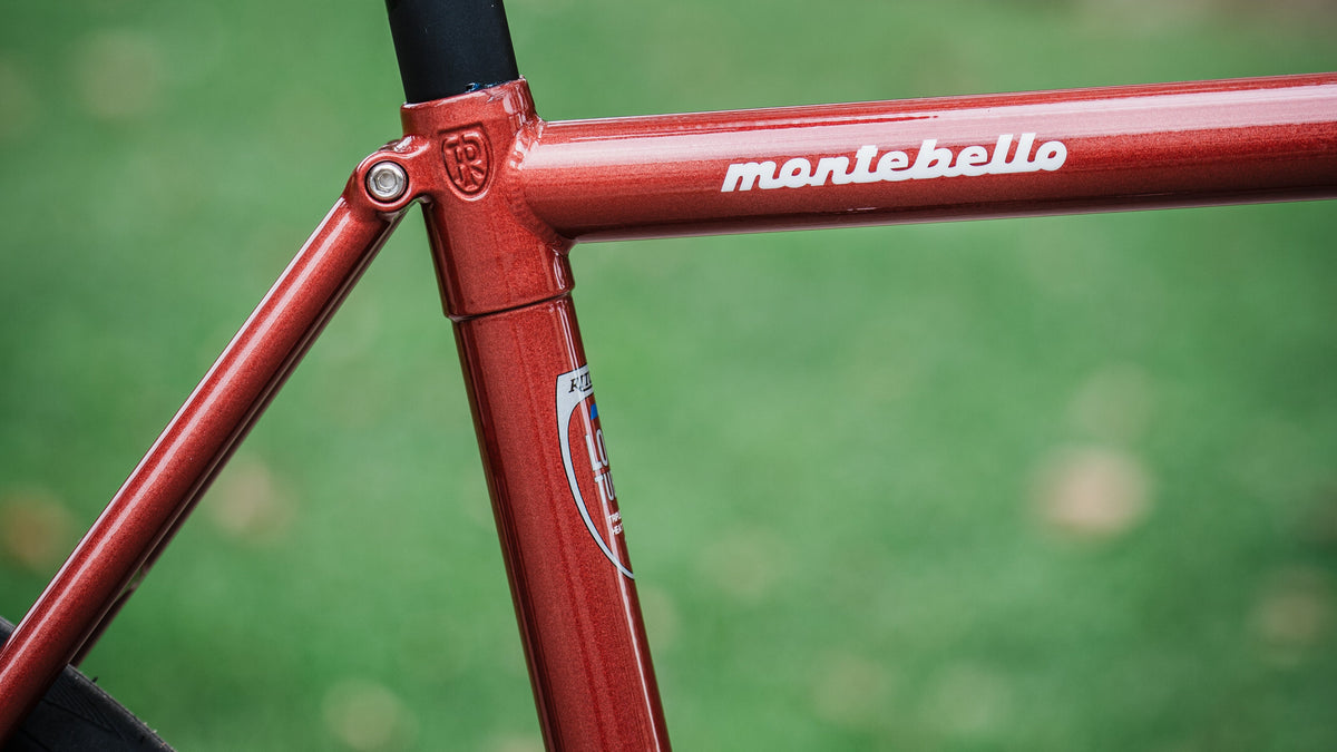 Close-up of a red mountain bike frame with a black saddle and black seatpost, photographed outdoors on a blurred green lawn background. The frame shows the brand name 'monbello' in white script.